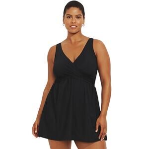 Lands End Black Size 16 Petite Tummy Control Swim Bathing Suit Dress V-Neck Wrap